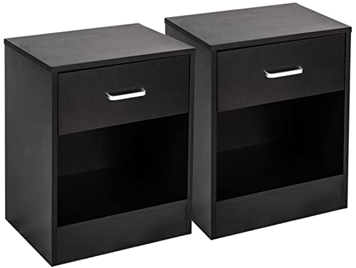 Set of 2 Nightstands with Storage Drawer, Modern End Side Table with Storage Shelves, Small Bedside Table Nightstand Storage Cabinet for Bedroom, Accent Funiture Sofa Side Table for Small Space, Black