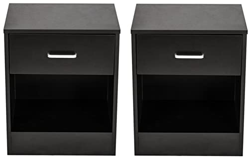 Set of 2 Nightstands with Storage Drawer, Modern End Side Table with Storage Shelves, Small Bedside Table Nightstand Storage Cabinet for Bedroom, Accent Funiture Sofa Side Table for Small Space, Black