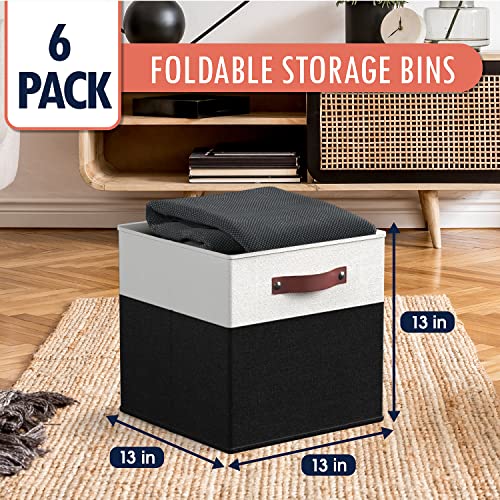 Ornavo Home Foldable Collapsible Storage Box Bins Linen Fabric Shelf Basket Cube Organizer with Leather Handles - Set of 6 - 13 x 13 x 13 - White/Black
