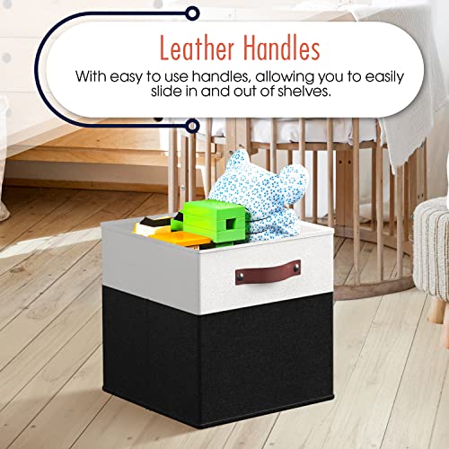 Ornavo Home Foldable Collapsible Storage Box Bins Linen Fabric Shelf Basket Cube Organizer with Leather Handles - Set of 6 - 13 x 13 x 13 - White/Black