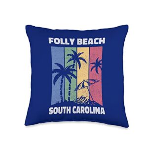 folly beach vintage colorful rtees folly beach souvenir-south carolina reminder throw pillow, 16x16, multicolor