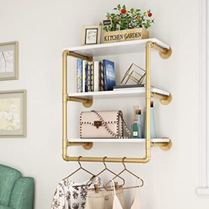 homekayt industrial pipe shelving wall mounted rustic wood shelf industrial floating shelves (gold 3-tier, 24'')