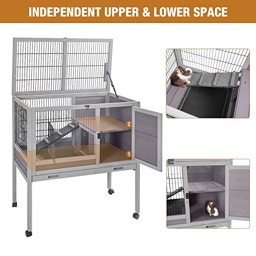 Rabbit Hutch Indoor, Bunny Cage Pet House for Small Animals Guinea Pig Cage on Wheels - Removable Wire Mesh