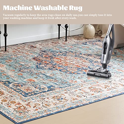 VK VK·LIVING Washable Rug, 5'x7' Stain Resistant Washable Rug, Machine Washable Rug with Non-Slip,Vintage Bohemian Area Rug for Living Room Bedroom Dining Home Office Area Rug (Blue, 5'x7')