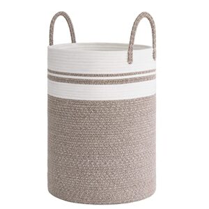chicvita baby nursery laundry hamper, tall woven rope laundry basket with handle for clothes, towels, toys, blankets, jute basket decor for living room, 15 x 20 inches, 58l white & brown