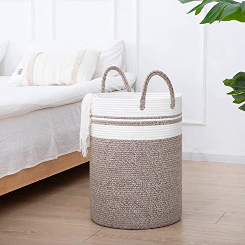 CHICVITA Baby Nursery Laundry Hamper, Tall Woven Rope Laundry Basket with Handle for Clothes, Towels, Toys, Blankets, Jute Basket Decor for Living Room, 15 x 20 inches, 58L White & Brown