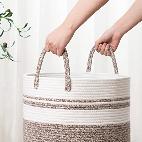 CHICVITA Baby Nursery Laundry Hamper, Tall Woven Rope Laundry Basket with Handle for Clothes, Towels, Toys, Blankets, Jute Basket Decor for Living Room, 15 x 20 inches, 58L White & Brown