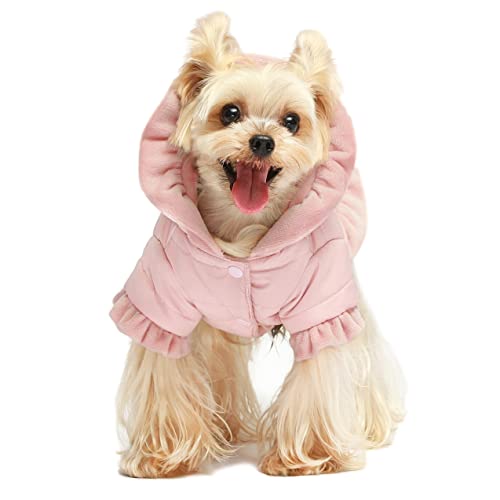 Fitwarm Ruffle Quilted Dog Coat, Pet Puffer Jacket with Hood, Dog Winter Clothes for Small Dogs Girl, Cat Hooded Outfit, Pink, Small