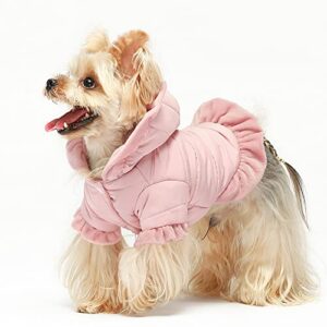 Fitwarm Ruffle Quilted Dog Coat, Pet Puffer Jacket with Hood, Dog Winter Clothes for Small Dogs Girl, Cat Hooded Outfit, Pink, Small