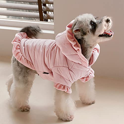 Fitwarm Ruffle Quilted Dog Coat, Pet Puffer Jacket with Hood, Dog Winter Clothes for Small Dogs Girl, Cat Hooded Outfit, Pink, Small