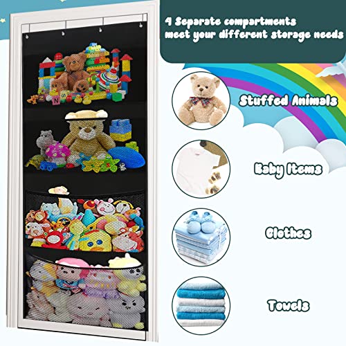 FYY Over The Door Organizer, Hanging Storage for Stuffed Animal with 4 Large Mesh Pocket Breathable Behind Door Wall Mount Organizer for Bedroom Bathroom Closet Toys Storage Black