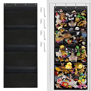 fyy over the door organizer, hanging storage for stuffed animal with 4 large mesh pocket breathable behind door wall mount organizer for bedroom bathroom closet toys storage black