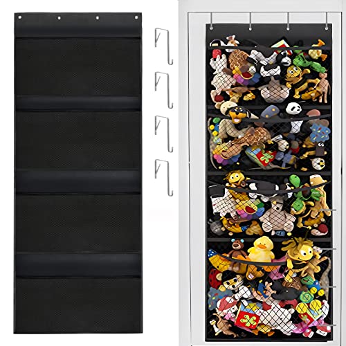 FYY Over The Door Organizer, Hanging Storage for Stuffed Animal with 4 Large Mesh Pocket Breathable Behind Door Wall Mount Organizer for Bedroom Bathroom Closet Toys Storage Black