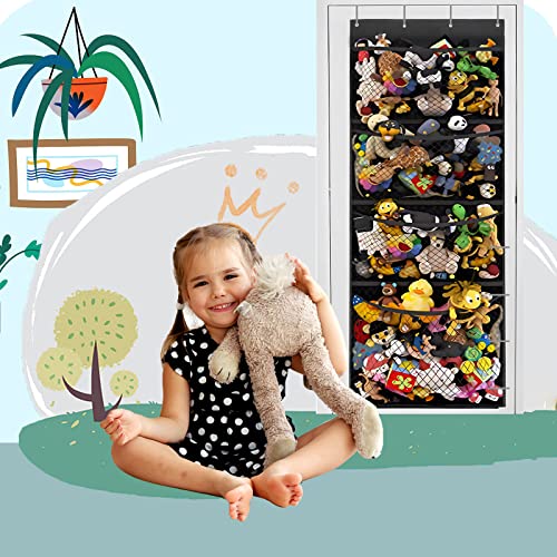 FYY Over The Door Organizer, Hanging Storage for Stuffed Animal with 4 Large Mesh Pocket Breathable Behind Door Wall Mount Organizer for Bedroom Bathroom Closet Toys Storage Black