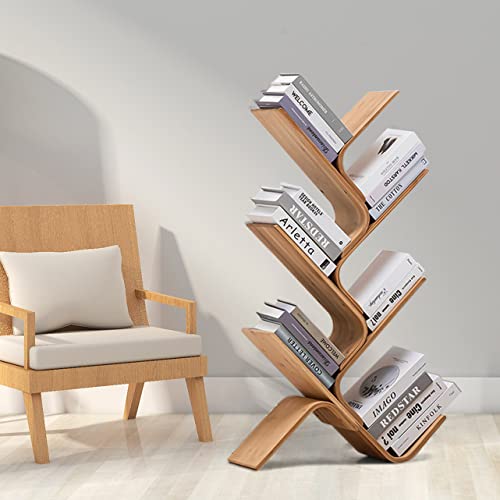 6-Tier Bamboo Tree Modern Bookshelf, Creative Curved Standing Bookcase Rack Book Storage Organizer Shelves, Display Floor Book Shelf Space Saver for Home Office Living Room Bedroom, Natural Color