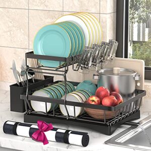 suppneed dish drying rack with drainboard, 2-tier dish racks for kitchen counter, dish strainers with extra drying mat , utensil holder , cutting board holder ,wine glass holder, black