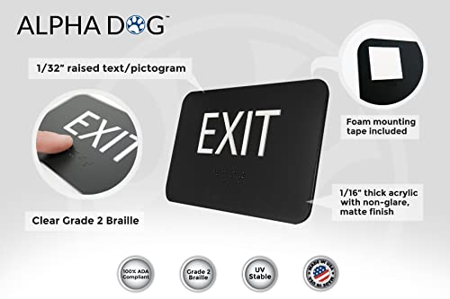 ALPHA DOG Tactile Exit Sign with Braille - ADA Compliant Exit Sign with Grade 2 Contracted Braille and Raised Text, 3x5 inch, UV Stable for Indoor or Outdoor Use, Easy Installation, Made in the USA