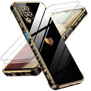 leyi for samsung galaxy a12 case with tempered glass screen protector [2 pcs]+ full camera lens protection, love heart plating girly women cute luxury soft tpu shockproof case for samsung a12, black