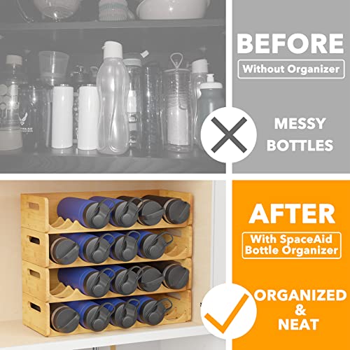 SpaceAid Bamboo Water Bottle Organizer with Labels, Kitchen Pantry Water Bottle Storage Rack for Cabinets, Home Cup and Wine Bottle Holder Shelf Organizers, 4 Pack 5-Slot, Hold 20 Bottles