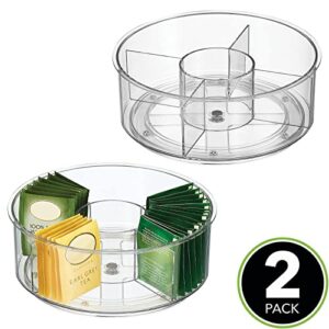 mDesign Lazy Susan Turntable Divided Plastic Spinner for Kitchen Pantry, Fridge, Cupboard, or Counter Organizing, Fully Rotating Organizer for Tea Bags, 9" Round - Lumiere Collection - 2 Pack, Clear