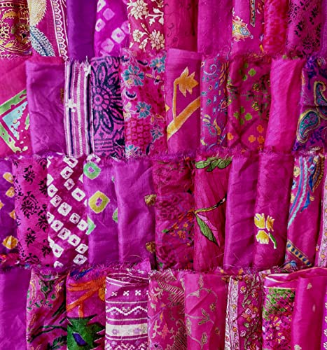 Vintage Fabrics Crafts Sari Silk Fabric Lot Vintage Sari Fabric Material Remnant 50 Small Pieces Magenta Craft Scrapbook Art Doll Junk Journal, 6 Inches