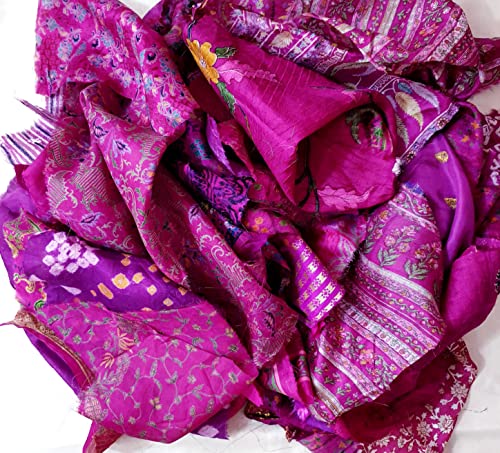 Vintage Fabrics Crafts Sari Silk Fabric Lot Vintage Sari Fabric Material Remnant 50 Small Pieces Magenta Craft Scrapbook Art Doll Junk Journal, 6 Inches