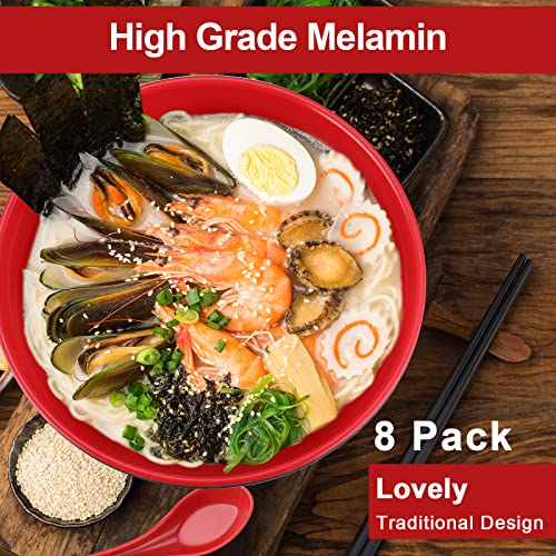 Mimorou 8 Sets Japanese Style Ramen Bowls Melamine Udon Noodle Bowls Red and Black Large Pho Bowls Asian Chinese Soup Bowl Sets