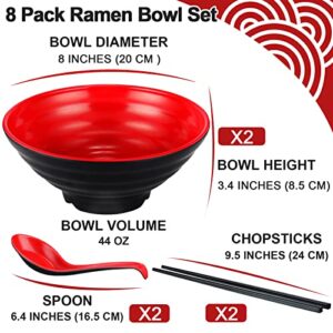 Mimorou 8 Sets Japanese Style Ramen Bowls Melamine Udon Noodle Bowls Red and Black Large Pho Bowls Asian Chinese Soup Bowl Sets