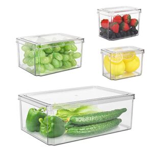 azfunn fridge organizer with lids, fruit and vegetable storage containers for fridge, set of 4 refrigerator organizer bins storage clear containers for kitchen, food, drinks, bpa-free, stackable