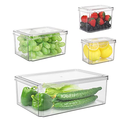 AZFUNN Fridge Organizer with Lids, Fruit and Vegetable Storage Containers for Fridge, Set Of 4 Refrigerator Organizer Bins Storage Clear Containers for Kitchen, Food, Drinks, BPA-Free, Stackable