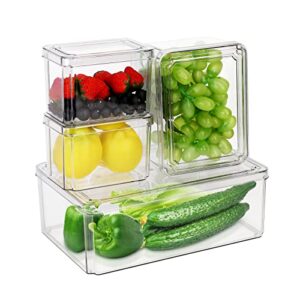 AZFUNN Fridge Organizer with Lids, Fruit and Vegetable Storage Containers for Fridge, Set Of 4 Refrigerator Organizer Bins Storage Clear Containers for Kitchen, Food, Drinks, BPA-Free, Stackable