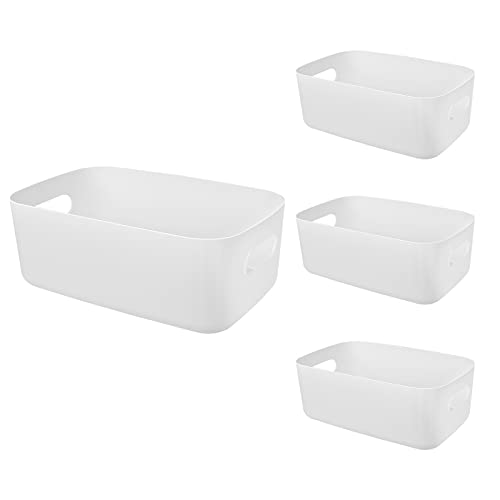CozyCat Plastic Storage Bins , Pantry Collection & Fridge Organizer Bins, White Multi-Use Boxes, Baskets with Handles, for Bathroom, Restroom and Kitchen (4 pack)