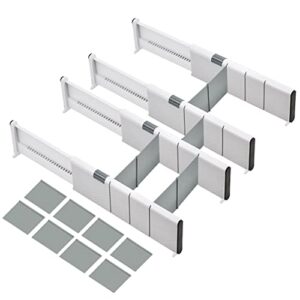 jonyj drawer dividers organizer 4 pack, adjustable separators with 8 inserts 4" high expandable from 11-17" for bedroom, bathroom, closet, clothing, office, kitchen, strong secure hold, white