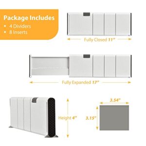 JONYJ Drawer Dividers Organizer 4 Pack, Adjustable Separators with 8 Inserts 4" High Expandable from 11-17" for Bedroom, Bathroom, Closet, Clothing, Office, Kitchen, Strong Secure Hold, White