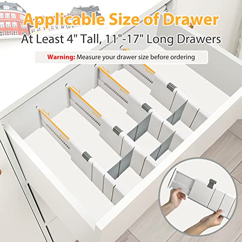 JONYJ Drawer Dividers Organizer 4 Pack, Adjustable Separators with 8 Inserts 4" High Expandable from 11-17" for Bedroom, Bathroom, Closet, Clothing, Office, Kitchen, Strong Secure Hold, White