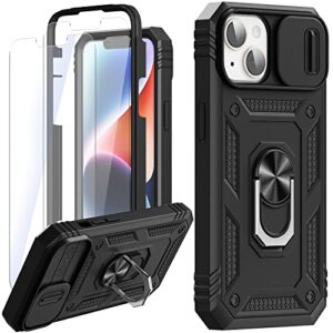 bobom [4 in 1 armor case for iphone 14 case with stand & camera cover [2 pack tempered glass screen protector included] military grade heavy duty protective ring holder kickstand case 6.1 inch, black