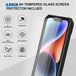 BOBOM [4 in 1 Armor Case for iPhone 14 Case with Stand & Camera Cover [2 Pack Tempered Glass Screen Protector Included] Military Grade Heavy Duty Protective Ring Holder Kickstand Case 6.1 Inch, Black