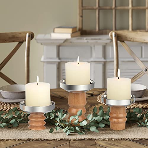 Vixdonos Pillar Candle Holders Set of 3 Wood Candlestick Holder Stainless Steel Plate for Mantel Decor, Dining Table Centerpiece