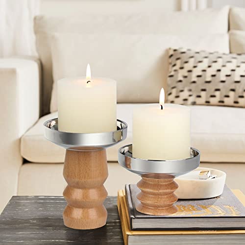 Vixdonos Pillar Candle Holders Set of 3 Wood Candlestick Holder Stainless Steel Plate for Mantel Decor, Dining Table Centerpiece