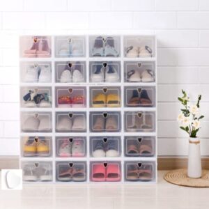 shoe storage box, foldable shoe organizer boxes, white plastic closet shoe organizer with transparent cover, free standing shoe rack easy assembly expandable for high heels, boots (20 pair shoes)