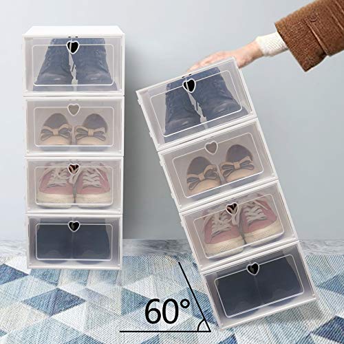 Shoe Storage Box, Foldable Shoe Organizer Boxes, White Plastic Closet Shoe Organizer with Transparent Cover, Free Standing Shoe Rack Easy Assembly Expandable for High Heels, Boots (20 Pair Shoes)