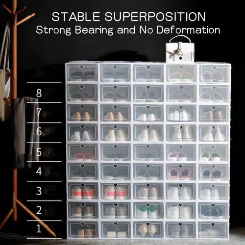 Shoe Storage Box, Foldable Shoe Organizer Boxes, White Plastic Closet Shoe Organizer with Transparent Cover, Free Standing Shoe Rack Easy Assembly Expandable for High Heels, Boots (20 Pair Shoes)