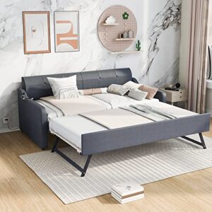 harper & bright designs twin size upholstery daybed with adjustable trundle and usb charging design, wooden twin daybed with pop up trundle, no spring box needed, gray