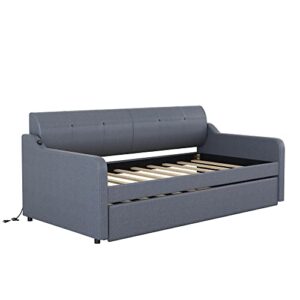 Harper & Bright Designs Twin Size Upholstery Daybed with Adjustable Trundle and USB Charging Design, Wooden Twin Daybed with Pop Up Trundle, No Spring Box Needed, Gray