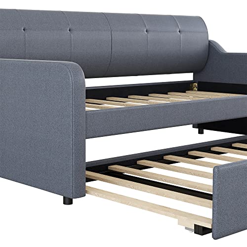 Harper & Bright Designs Twin Size Upholstery Daybed with Adjustable Trundle and USB Charging Design, Wooden Twin Daybed with Pop Up Trundle, No Spring Box Needed, Gray