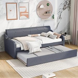 Harper & Bright Designs Twin Size Upholstery Daybed with Adjustable Trundle and USB Charging Design, Wooden Twin Daybed with Pop Up Trundle, No Spring Box Needed, Gray