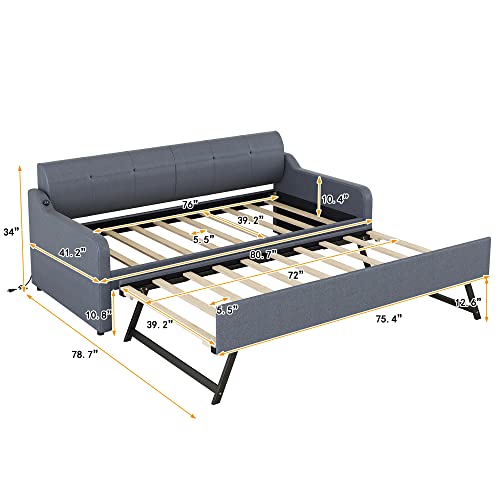 Harper & Bright Designs Twin Size Upholstery Daybed with Adjustable Trundle and USB Charging Design, Wooden Twin Daybed with Pop Up Trundle, No Spring Box Needed, Gray