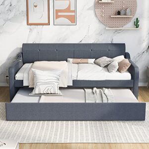 Harper & Bright Designs Twin Size Upholstery Daybed with Adjustable Trundle and USB Charging Design, Wooden Twin Daybed with Pop Up Trundle, No Spring Box Needed, Gray