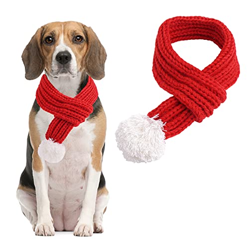 Cobee Christmas Dog Cat Santa Scarf, Dog Winter Knitted Scarf Pet Winter Neck Warmer Costume with White Pompom Ball Party Dressup Xmas Cute Decorate Gift Red (Medium)