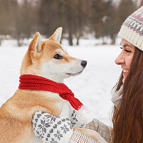 Cobee Christmas Dog Cat Santa Scarf, Dog Winter Knitted Scarf Pet Winter Neck Warmer Costume with White Pompom Ball Party Dressup Xmas Cute Decorate Gift Red (Medium)